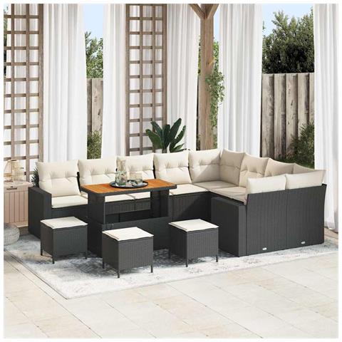 Set Divano da Giardino 13 Pezzi con Cuscini Nero Rattan Polietilene Acacia, Set da Pranzo da Giardino 4 Pezzi con Cuscini Nero Rattan Polietilene Acacia - Foto 2