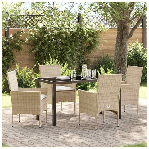 Set da Pranzo per Giardino con cuscino 5 pcs Beige Poly Rattan - Foto 2