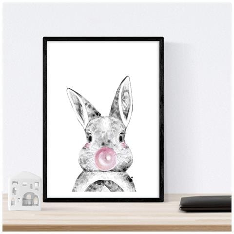 Set Di 6 Stampe Animali Bambini Gomma Da Masticare Cervo Maiale Volpe Gufo Cane A3 Cornice Nera - Foto 2