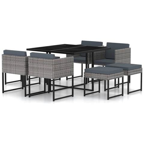 Set Pranzo da Giardino 9 pz con Cuscini in Polyrattan Grigio - Foto 1