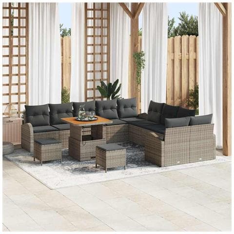 Set da Divano Giardino a 13 Pezzi con Cuscini in Polyrattan Grigio e Acacia,  Divano Giardino a 2 Posti con Cuscini in Polyrattan Grigio,  Set Pranzo Giardino a 3 Pezzi con Cuscini in Polyrattan Grigio e Acacia - Foto 2