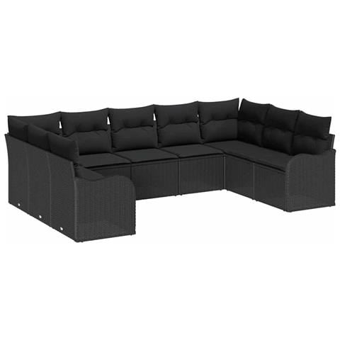 Set di 9 Pezzi Divano da Giardino con Cuscini Rattan Nero, Divano da Giardino a Due Posti con Cuscini Rattan Nero - Foto 1