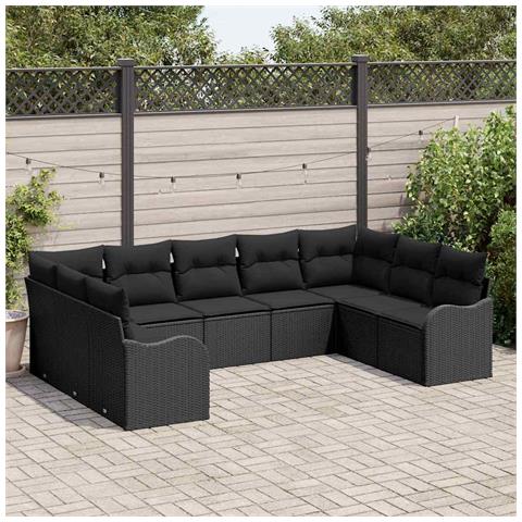 Set di 9 Pezzi Divano da Giardino con Cuscini Rattan Nero, Divano da Giardino a Due Posti con Cuscini Rattan Nero - Foto 2
