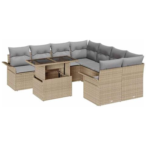 Set di Divano da Giardino 9 Pezzi con Cuscini Beige Rattan Poliestere, Divano da Giardino 2 Posti con Ripostiglio e Cuscini Beige Rattan Poliestere - Foto 1