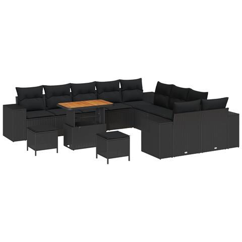 Set Divano da Giardino 13 Pezzi con Cuscini Rattan Nero Acacia,  Set da Pranzo da Giardino 3 Pezzi con Cuscini Rattan Nero Acacia - Foto 1