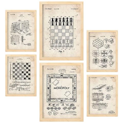 Set Di 6 Stampe Poster Con Brevetti Di Giochi Da Tavolo Poster Con Immagini Di Brevetti Retrò Design D'interni In Stile Vintage A3 & A4 Telaio In Legno Chiaro - Foto 1