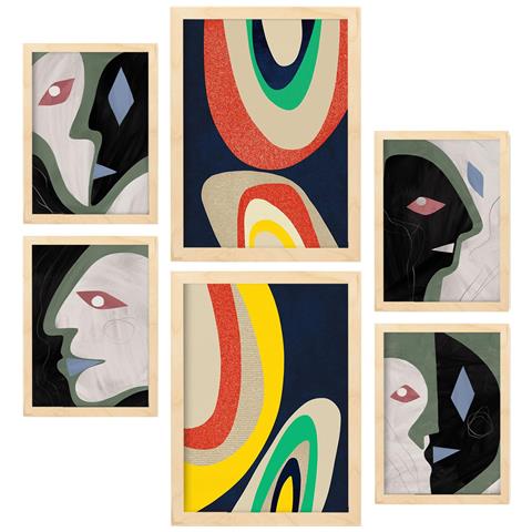 Set Di 6 Stampe Arti Contrastanti In Dipinti Decorativi Estetici Astratti Di Lovers Per Il Tuo Soggiorno Di Casa A3 & A4 Telaio In Legno Chiaro - Foto 1