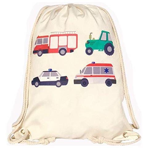 Sacca Per Bambini, Ragazzi | Motivo Con Camion Pompieri, Trattore, Ambulanza, Auto Polizia (sfondo Beige) - Lavabile In Lavatrice - Asilo, Scuola Materna, Gita, Calcio, Ginnastica | 40x32cm - Foto 1