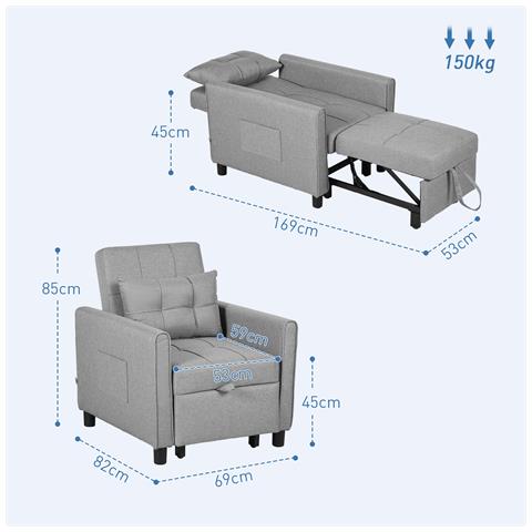 Poltrona Letto Singolo Reclinabile su 3 Livelli con Cuscino Extra, 69x82x85cm, Grigio Chiaro - Foto 2