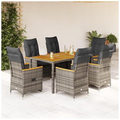 Set Da Pranzo Da Giardino 7 Pz Con Cuscini In Polyrattan Grigio - Foto 1