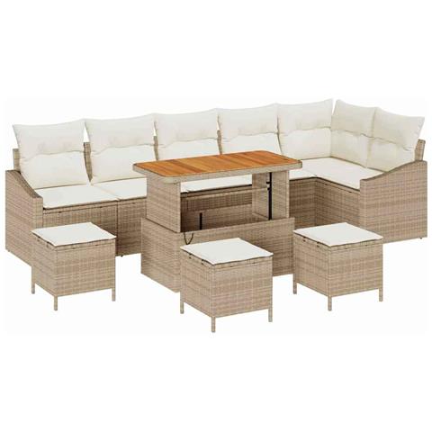 Set da giardino  10 pezzi con cuscini Beige Polyrattan Acacia, Divano da giardino  2 posti con cuscini Beige Polyrattan, Set pranzo da giardino  4 pezzi con cuscini Beige Polyrattan Acacia - Foto 1
