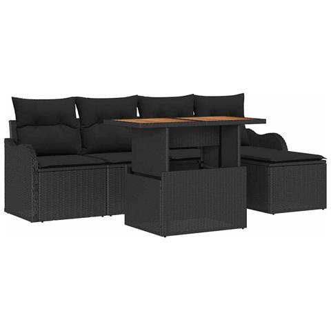 Set Divano Giardino da 6 Pezzi con Cuscini in Rattan Polyrattan Nero e Acciaio,  Divano Giardino per 2 Persone con Cuscini in Rattan Polyrattan Nero - Foto 1