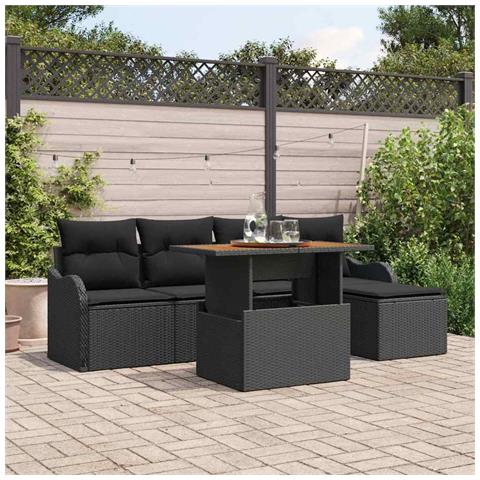 Set Divano Giardino da 6 Pezzi con Cuscini in Rattan Polyrattan Nero e Acciaio,  Divano Giardino per 2 Persone con Cuscini in Rattan Polyrattan Nero - Foto 2