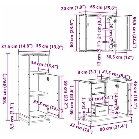 Set di mobili per il bagno 3 pcs Rovere Nero Legno multistrato - Foto 8