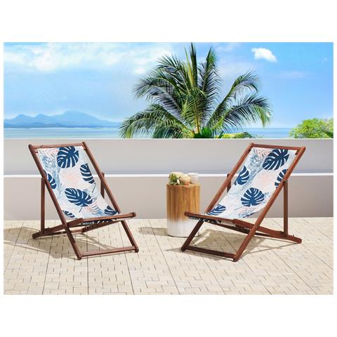 Set Di 2 Sedie A Sdraio Legno Acacia Scuro Motivo Foglie Tropicali Blu Anzio - Foto 1