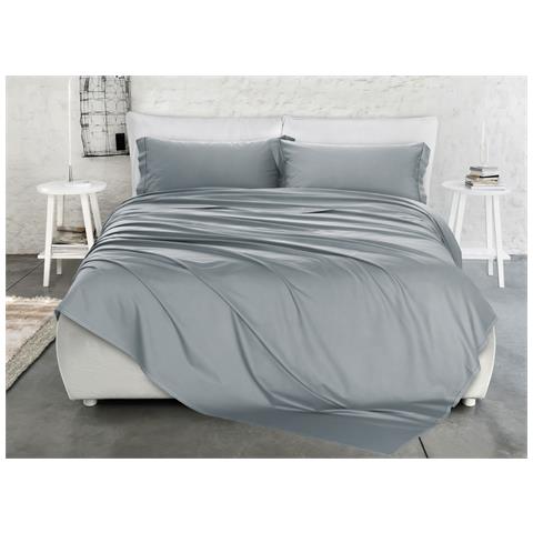 Completo Lenzuola Matrimoniale 100% Raso Cotone Tinta Unita Made Italy Matrimoniale Silver - Foto 1