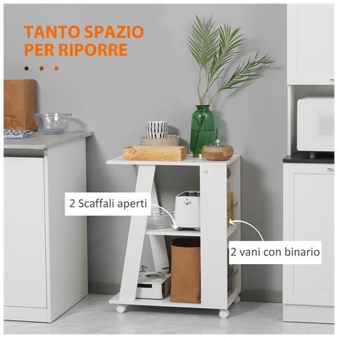 Carrello Da Cucina Portavivande In Legno Con 2 Ripiani E Ruote, 60x38x77cm, Bianco - Foto 2