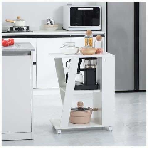 Carrello Da Cucina Portavivande In Legno Con 2 Ripiani E Ruote, 60x38x77cm, Bianco - Foto 6