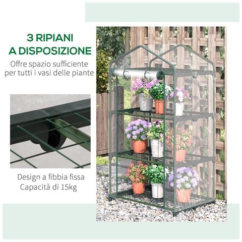 Mini Serra Con Copertura In Plastica, Telaio In Acciaio Con 3 Ripiani, 69x49x125cm, Trasparente - Foto 6