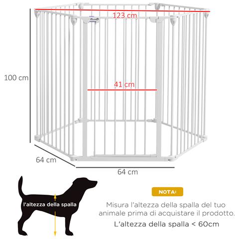 Cancellino Per Cani Di Taglia Media Pieghevole A 6 Pannelli, In Acciaio E Plastica, 123x102x100 Cm, Bianco - Foto 6