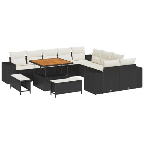Set di divani da 13 pezzi  con cuscini Nero Polyrattan Acacia, Set da pranzo da giardino 3 pezzi  con cuscini Nero Polyrattan Acacia - Foto 1
