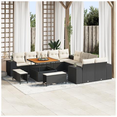 Set di divani da 13 pezzi  con cuscini Nero Polyrattan Acacia, Set da pranzo da giardino 3 pezzi  con cuscini Nero Polyrattan Acacia - Foto 2
