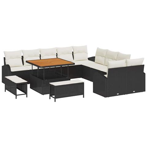 Set Divano da Giardino 13 Pezzi con Cuscini Rattan Polimerico Nero Acacia,  Divano da Giardino 2 Posti con Cuscini Rattan Polimerico Nero,  Set Pranzo da Giardino 3 Pezzi con Cuscini Rattan Polimerico Nero Acacia - Foto 1