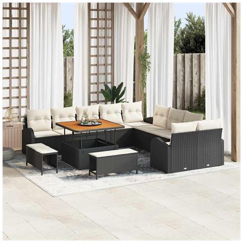 Set Divano da Giardino 13 Pezzi con Cuscini Rattan Polimerico Nero Acacia,  Divano da Giardino 2 Posti con Cuscini Rattan Polimerico Nero,  Set Pranzo da Giardino 3 Pezzi con Cuscini Rattan Polimerico Nero Acacia - Foto 2