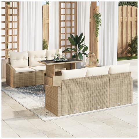 Set Divano da Giardino 7 Pezzi con Cuscini Beige in Polyrattan - Foto 2