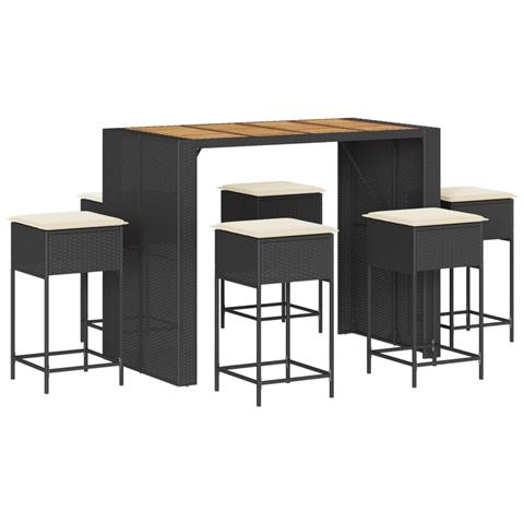 Set Bar da Giardino 7 pz con Cuscini in Polyrattan Nero - Foto 1