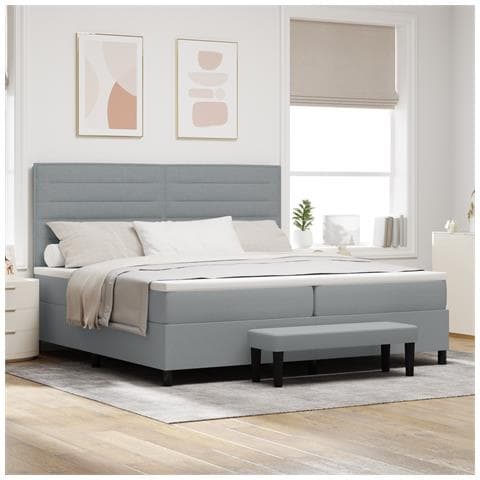 Letto a Molle con Materasso e Panchina Grigio Chiaro 200x200 cm Tessuto - Foto 2