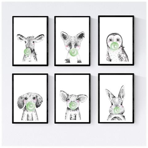 Set Di 6 Stampe Animali Bambini Con Gomma Da Masticare Maiale Coniglio Mucca Zorro Gufo Cane A4 Senza Cornice - Foto 1