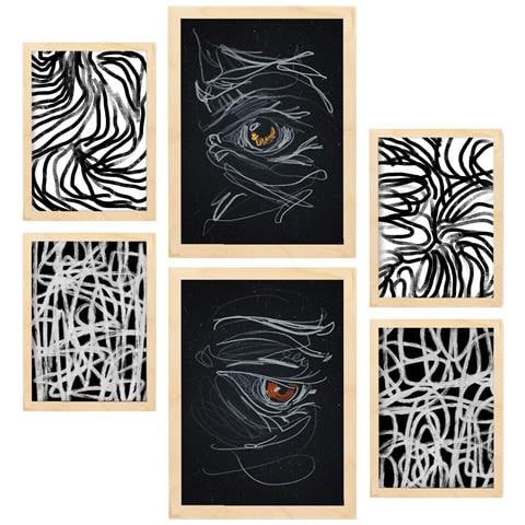 Set Di 6 Stampe Pennellate Frenetiche In Dipinti Decorativi Estetici Astratti Di Amanti Per Il Tuo Soggiorno Di Casa A3 & A4 Telaio In Legno Chiaro - Foto 1