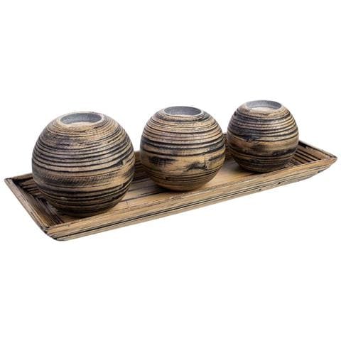 Set Vassoio E 3 Portacandele In Legno Di Bambù Marrone 33x13x3h Cm - Foto 1