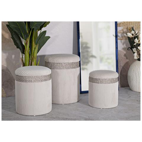 Set 3 Pouf Contenitore Cortina In Poliestere Crema Ø40x49, Ø35x42 E Ø31x38 Cm - Foto 8