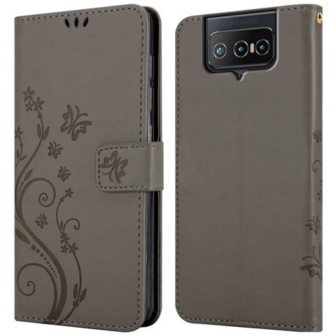 Custodia Compatibile Con Asus Zenfone 8 Flip In Grigio Fiore - Coperchio Protettivo In Design Floreale Con Chiusura Magnetica, Funzione Stand E Slot Per Carte - Foto 8