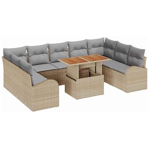 Set da Giardino  10 pezzi con cuscini Beige Polyrattan, Sofà da Giardino 2 Posti  con Ripostiglio e Cuscini Beige Polyrattan - Foto 1