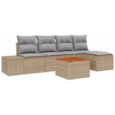 Set di divani da giardino 6 pezzi con cuscini Beige Polirattan Acacia - Foto 1