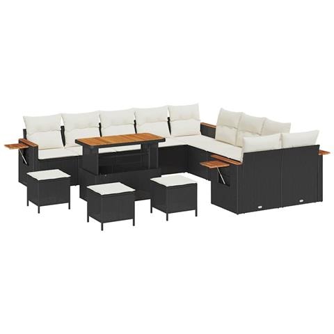 Set divano da giardino 14 pezzi - Nero Polyrattan Acacia, Set da pranzo da giardino 4 pezzi con cuscini - Nero Polyrattan Acacia - Foto 1