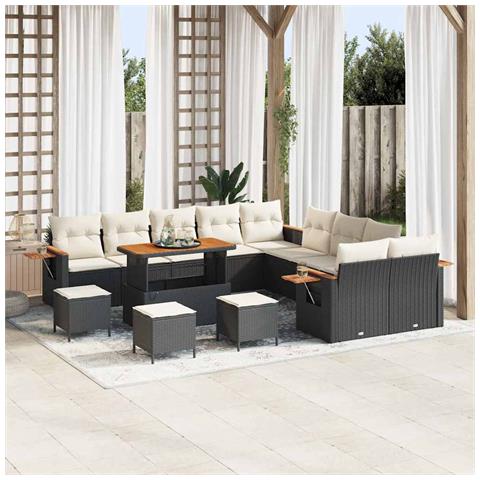 Set divano da giardino 14 pezzi - Nero Polyrattan Acacia, Set da pranzo da giardino 4 pezzi con cuscini - Nero Polyrattan Acacia - Foto 2