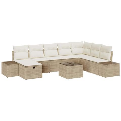 Set Divano da Giardino 9 Pezzi con Cuscini Beige Polyrattan - Foto 1