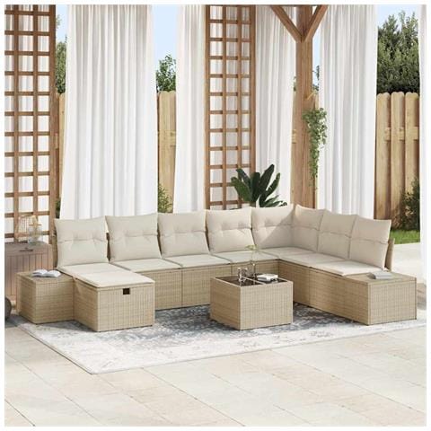 Set Divano da Giardino 9 Pezzi con Cuscini Beige Polyrattan - Foto 2