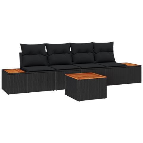 Set di divani da giardino 5 Pezzi con Cuscini Nero Polyrattan Acacia - Foto 1