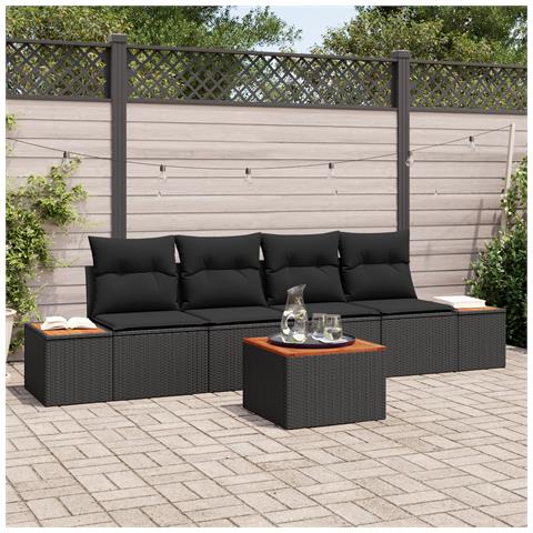 Set di divani da giardino 5 Pezzi con Cuscini Nero Polyrattan Acacia - Foto 2