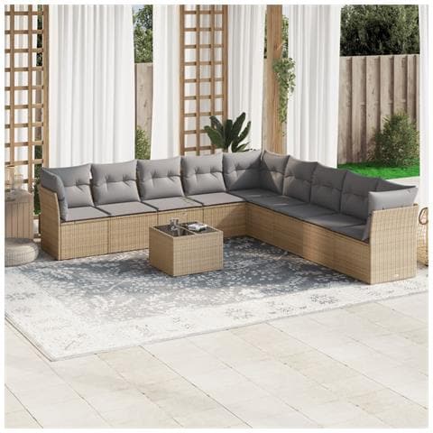 Set Divano da Giardino 10 pz con Cuscini Beige in Polyrattan - Foto 2