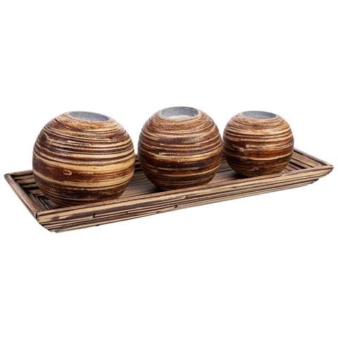 Set Vassoio E 3 Portacandele In Legno Di Bambù Marrone 33x13x3h Cm - Foto 1