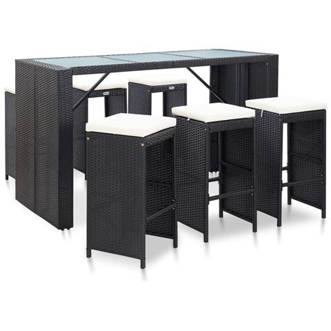Set Da Bar Da Giardino 7 Pz Con Cuscini In Polyrattan Nero - Foto 1