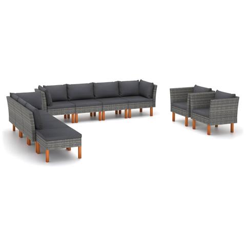 Set Divani Giardino 10pz Polyrattan Legno Di Eucalipto Grigio - Foto 2