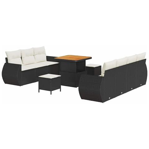 Set da Giardino 10 Pezzi con Cuscini Nero Polyrattan Acacia, Set da Pranzo da Giardino 3 Pezzi con Cuscini Nero Polyrattan Acacia - Foto 1