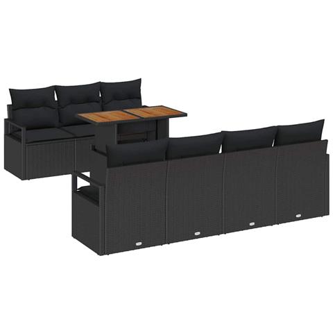 Set divani giardino 8 pezzi con cuscini Nero Polyrattan,  Divano giardino 2 posti con spazio stoccaggio e cuscini Nero Polyrattan - Foto 1